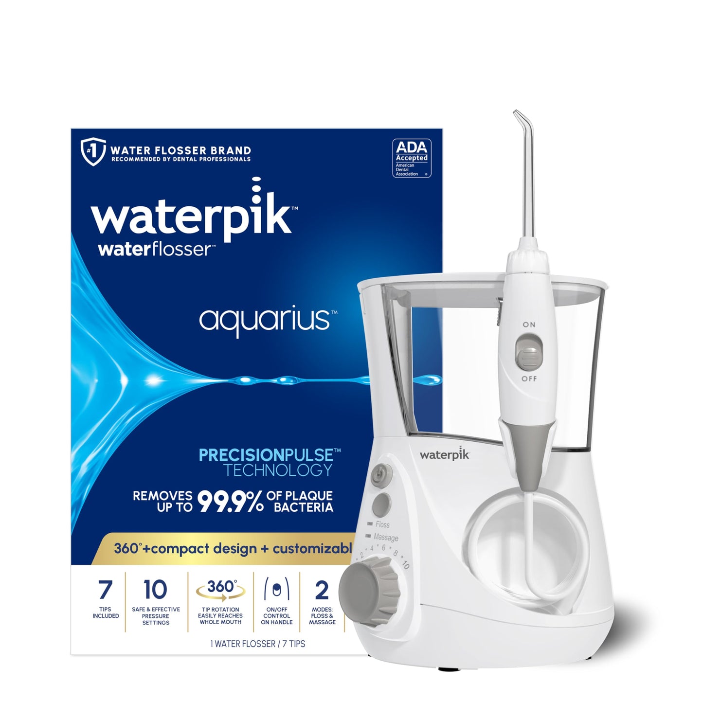 Waterpik Aquarius Water Flosser Professional For Teeth, Gums, Braces, Dental Care, Electric Power With 10 Settings, 7 Tips For Multiple Users And Needs, ADA Accepted, White WP-660, Packaging May Vary