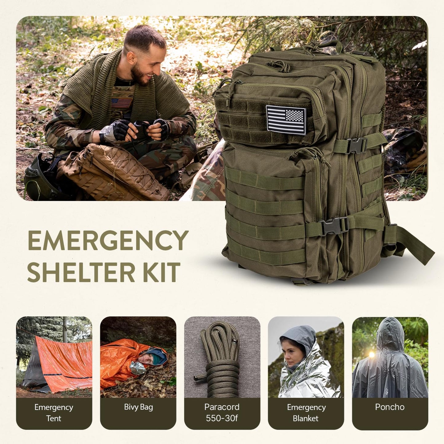 TacPreps 72-Hour Survival Kit | 45L Bug Out Bag | Survival Gear with First Aid, Water Filter, Food, Tools | Camping, Hiking, Outdoor Preparedness Equipment (2 Persons - Elite Kit)