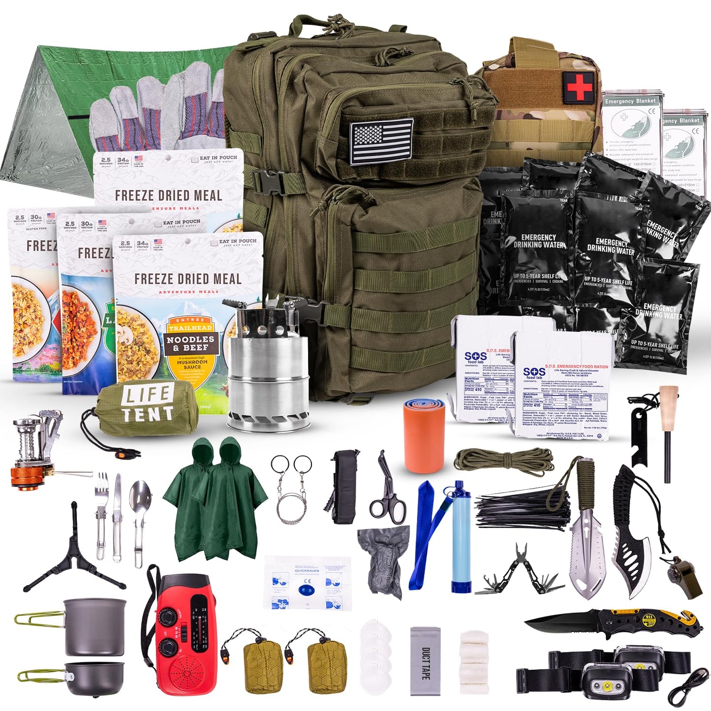 TacPreps 72-Hour Survival Kit | 45L Bug Out Bag | Survival Gear with First Aid, Water Filter, Food, Tools | Camping, Hiking, Outdoor Preparedness Equipment (2 Persons - Elite Kit)