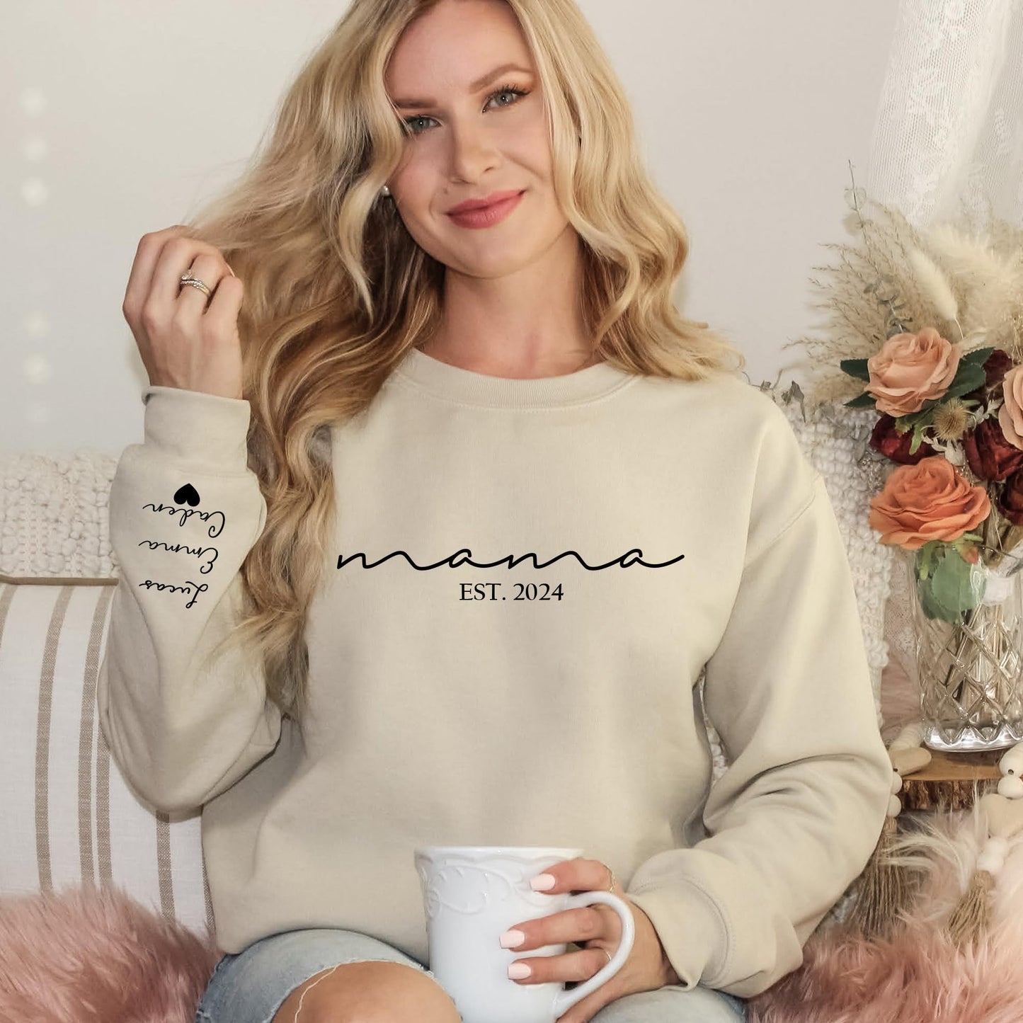 Custom Mama Sweatshirt with Kid Names on Sleeve Personalized Mom Sweatshirt for Women Christmas Gift Mothers Day Gifts for Mom Sweater Est 2025